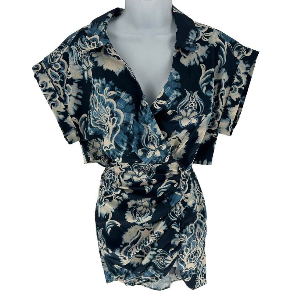 Zara Dress Women Small Blue Printed Mini Cut Out Back Resort Vacation Tribal NEW - Picture 5 of 16